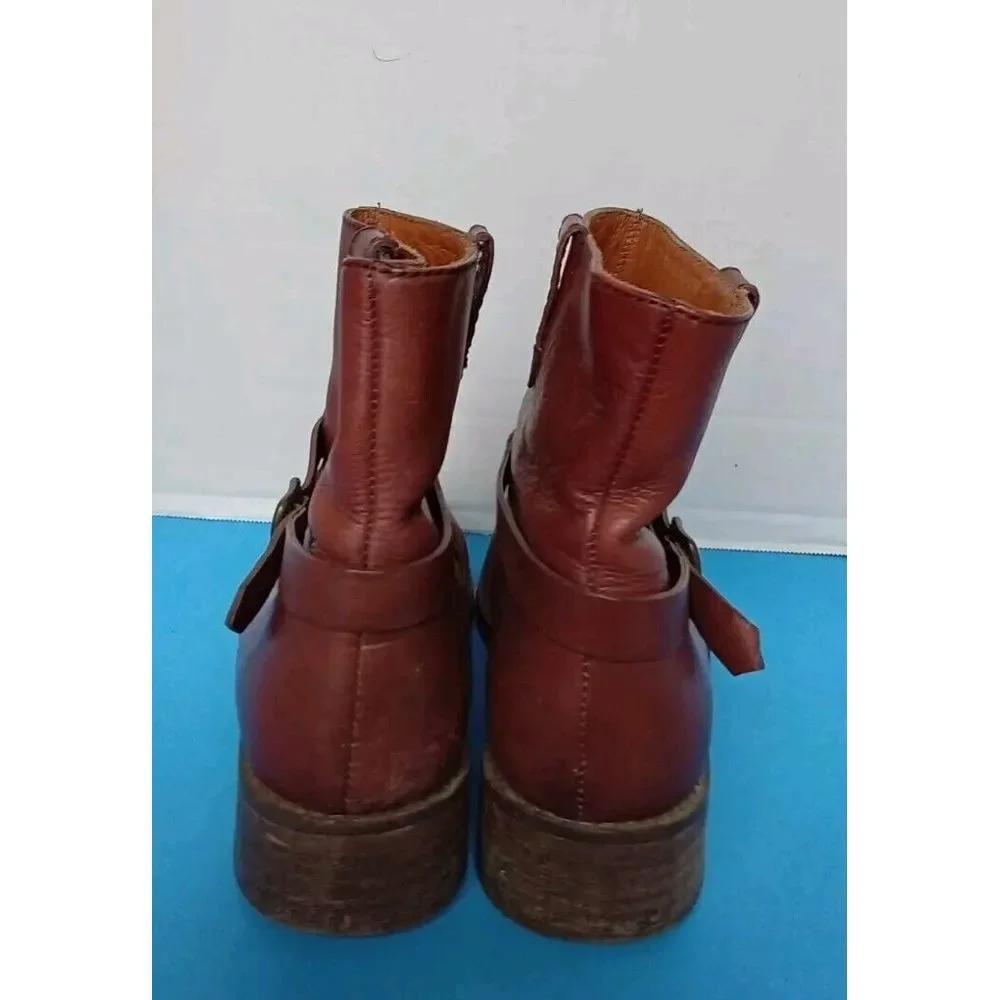 Vintage Brown Leather Ankle Boots‎ with Wrap-Around Buckle Strap Combat Style